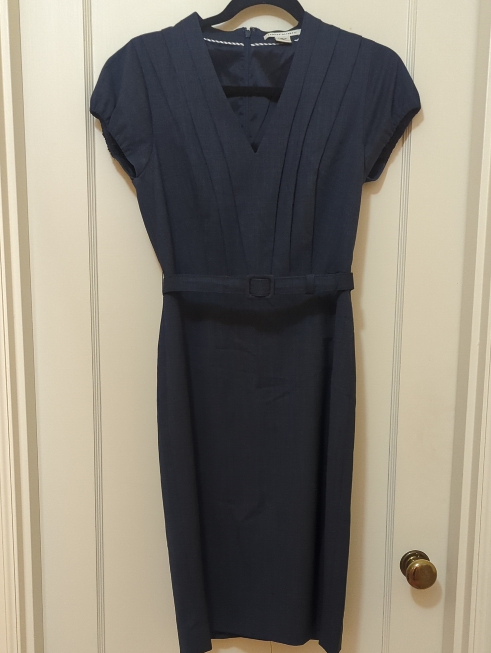 Banana Republic Navy Pintuck V-Neck Belted Midi Dress
